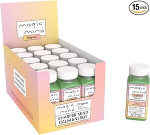 Magic Mind Energy And Focus Drink Shots - Stress Relieving, No Jitters, Ashwagandha, Vitamin B12, Vitamin C, Matcha Green Tea, Functional Mushrooms - 2 FL Oz (15 Pack)
