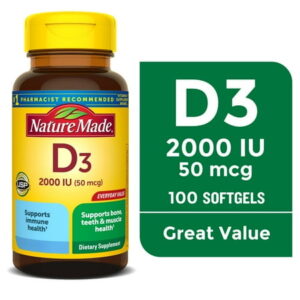 Nature Made Vitamin D3 2000 IU (50 mcg) Softgels, Dietary Supplement for Bone and Immune Health Support, 100 Count