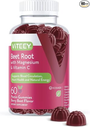 Viteey Beet Root Gummies with Magnesium & Vitamin C - Beetroot Supplement for Heart Health, Blood Pressure Support - Vegan, Gluten-Free - 60 Count