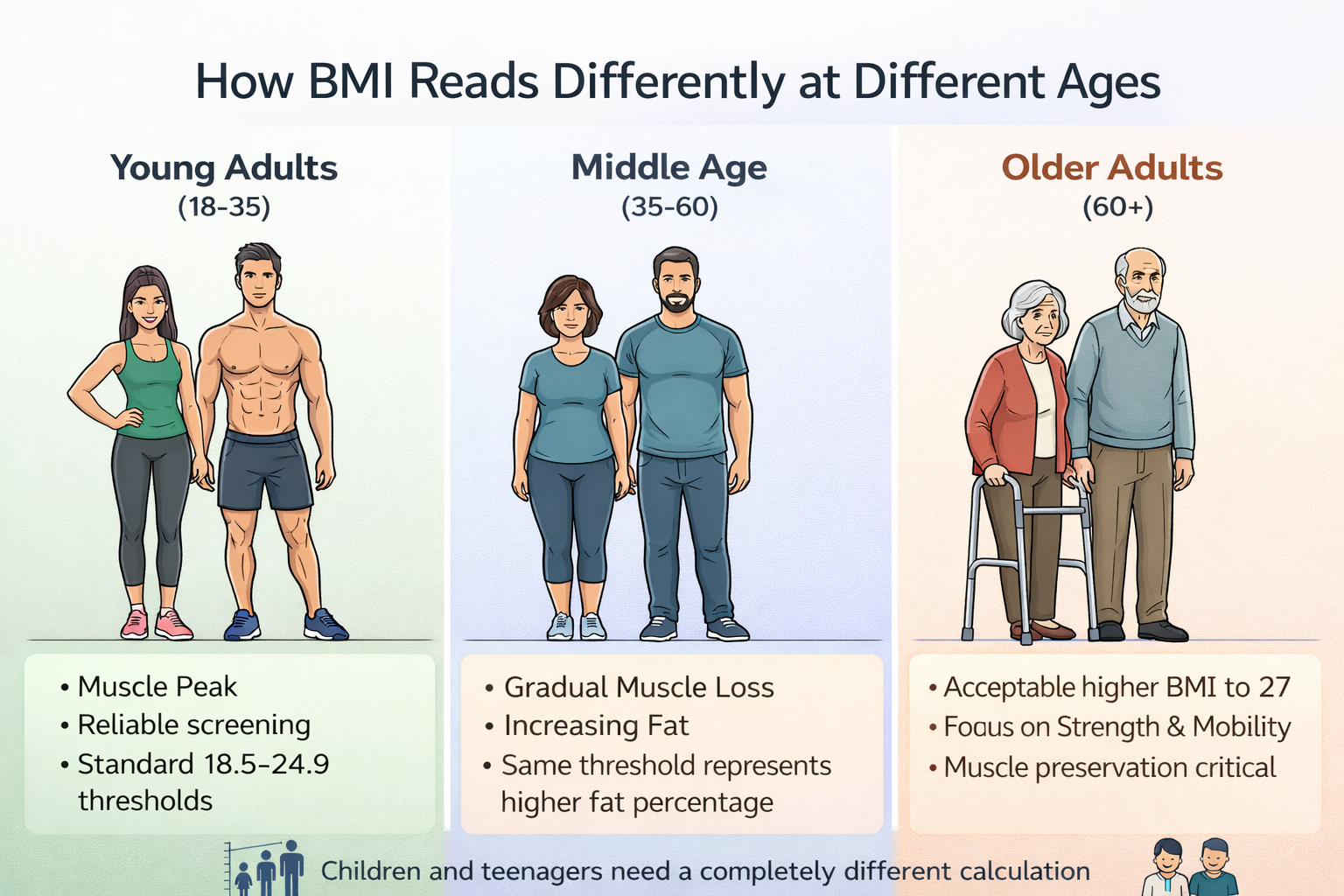 BMI ranges for different ages illustration showing how healthy weight thresholds shift from young adults through middle age to older adults