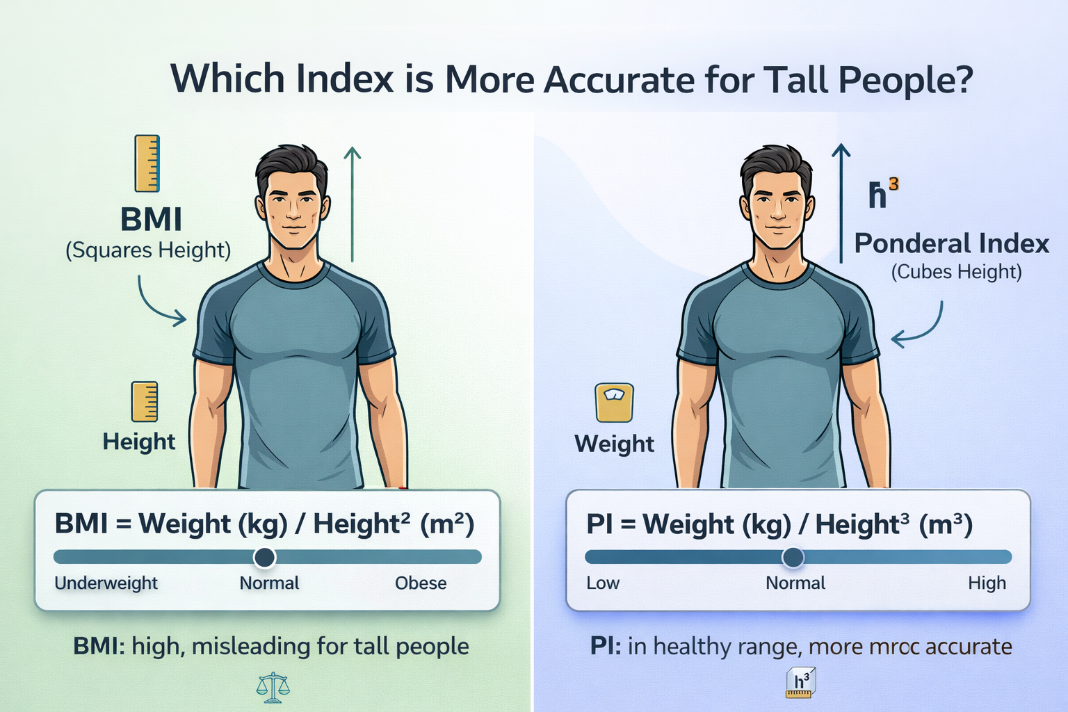 BMI vs Ponderal Index comparison chart showing how the two measures differ for tall and short individuals
