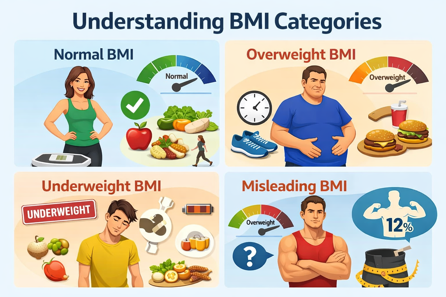 Healthy weight range silhouettes illustrating different BMI categories from underweight through normal to overweight and obese